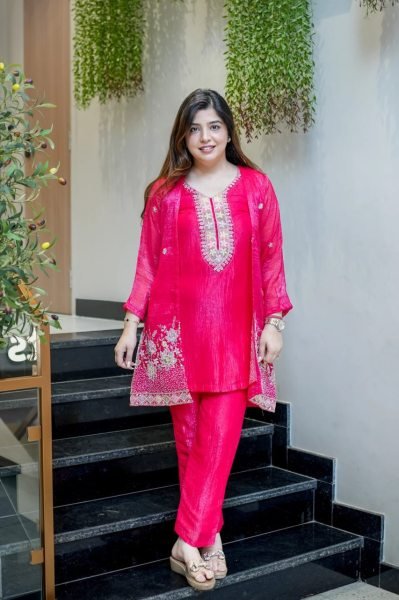 Portable Rani Pink Premium Women's Chinnon Silk Embroidered Kurti Palazzo Set CO ORD Sets