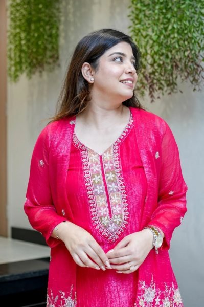 Portable Rani Pink Premium Women's Chinnon Silk Embroidered Kurti Palazzo Set CO ORD Sets