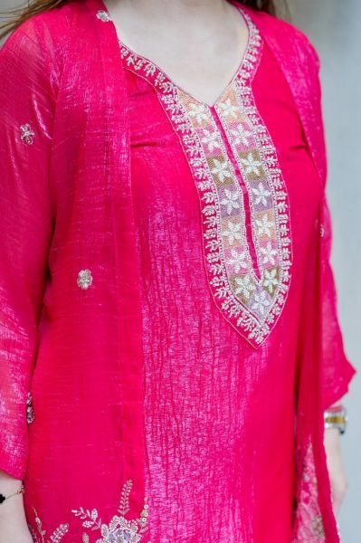 Portable Rani Pink Premium Women's Chinnon Silk Embroidered Kurti Palazzo Set CO ORD Sets