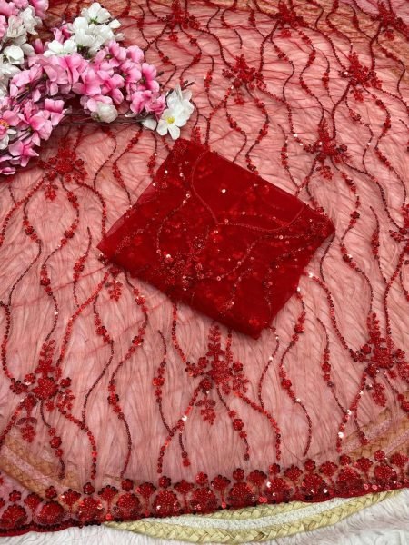 Portable Red Butterfly Net Saree with Sequence Brits Work and Arco Border Net Sarees Wholesale