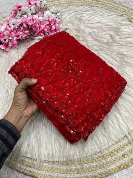 Portable Red Butterfly Net Saree with Sequence Brits Work and Arco Border Bollywood Fancy Sarees Wholesale