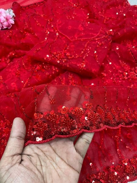 Portable Red Butterfly Net Saree with Sequence Brits Work and Arco Border Bollywood Fancy Sarees Wholesale