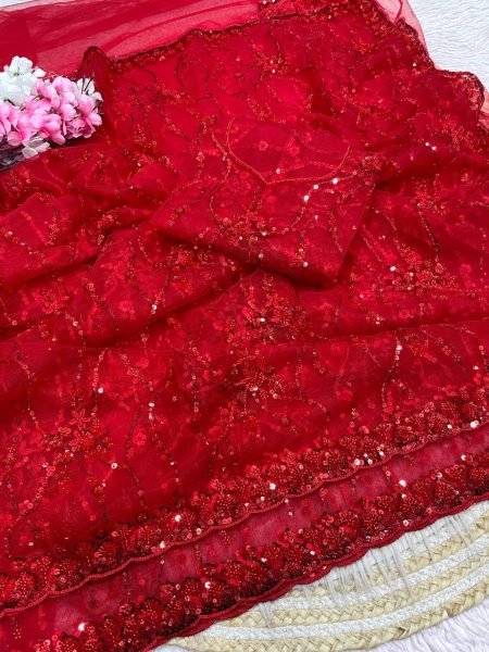 Portable Red Butterfly Net Saree with Sequence Brits Work and Arco Border Bollywood Fancy Sarees Wholesale