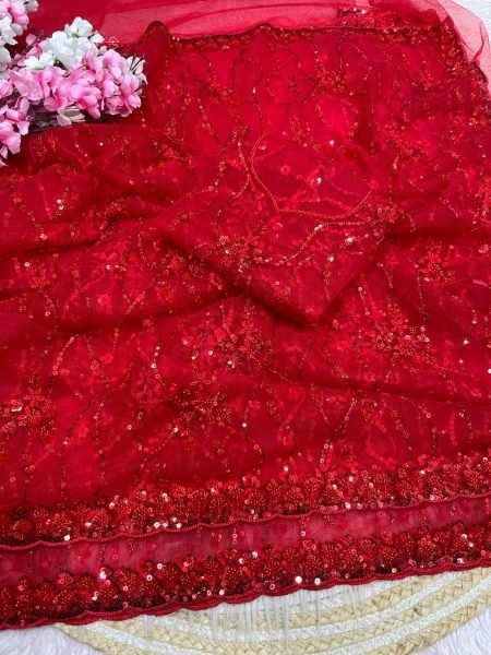 Portable Red Butterfly Net Saree with Sequence Brits Work and Arco Border Bollywood Fancy Sarees Wholesale