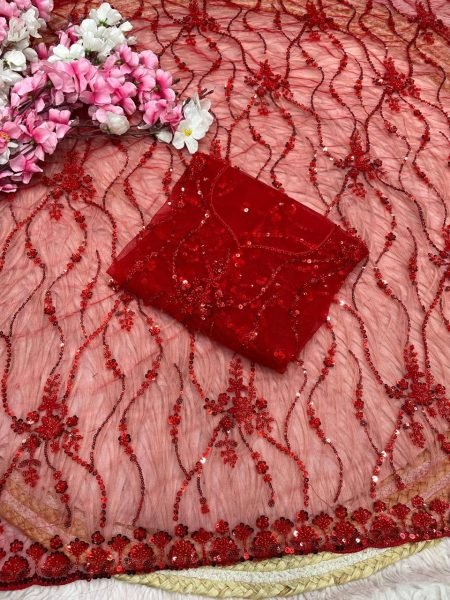 Portable Red Butterfly Net Saree with Sequence Brits Work and Arco Border Bollywood Fancy Sarees Wholesale