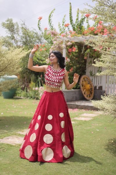 Portable Red Roman Silk Navratri Lehenga Choli with Round Gota Pattern and Mirror Lace Blouse Navratri Lehnega Choli