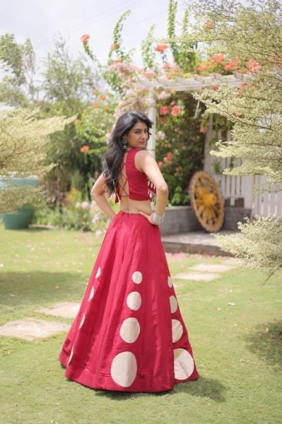 Portable Red Roman Silk Navratri Lehenga Choli with Round Gota Pattern and Mirror Lace Blouse Navratri Lehnega Choli