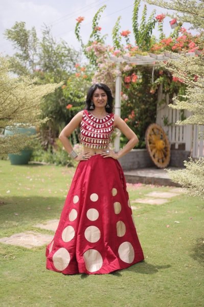 Portable Red Roman Silk Navratri Lehenga Choli with Round Gota Pattern and Mirror Lace Blouse Navratri Lehnega Choli