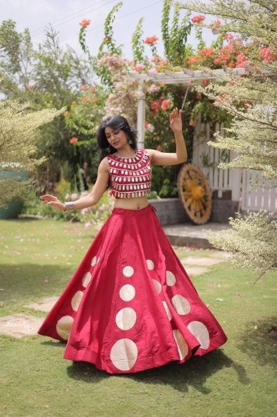 Portable Red Roman Silk Navratri Lehenga Choli with Round Gota Pattern and Mirror Lace Blouse Navratri Lehnega Choli