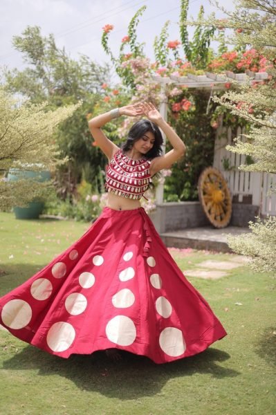 Portable Red Roman Silk Navratri Lehenga Choli with Round Gota Pattern and Mirror Lace Blouse Navratri Lehnega Choli