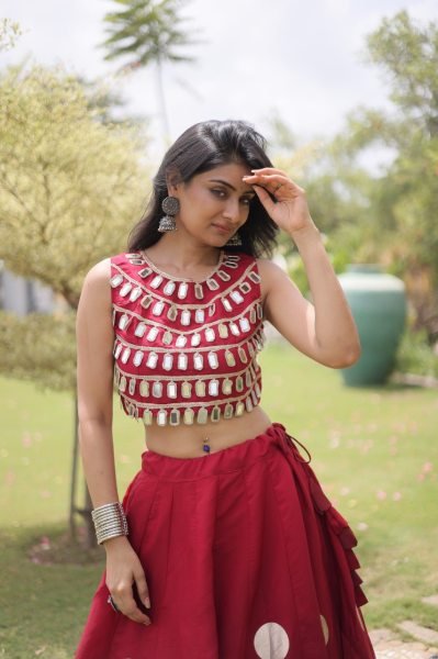 Portable Red Roman Silk Navratri Lehenga Choli with Round Gota Pattern and Mirror Lace Blouse Navratri Lehnega Choli