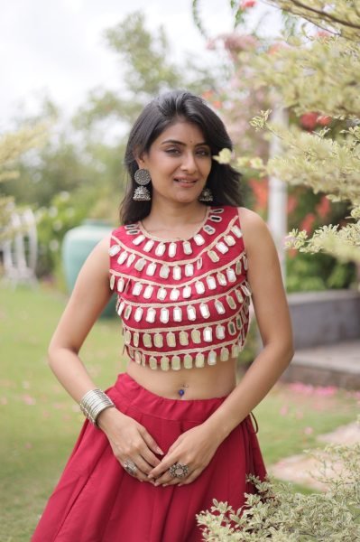 Portable Red Roman Silk Navratri Lehenga Choli with Round Gota Pattern and Mirror Lace Blouse Navratri Lehnega Choli