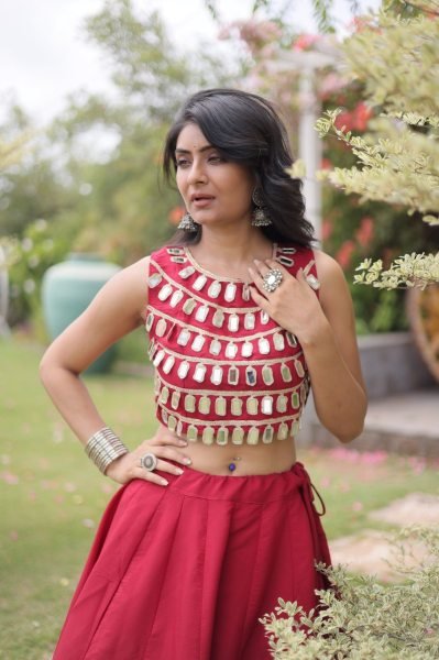 Portable Red Roman Silk Navratri Lehenga Choli with Round Gota Pattern and Mirror Lace Blouse Navratri Lehnega Choli