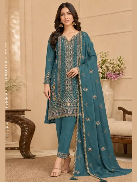 Portable Teal Blue Semi Stitched Rangoli Crush Salwar Suit with Elegant Embroidery Work Wholesale Salwar Kameez Suppliers in Kuwait
