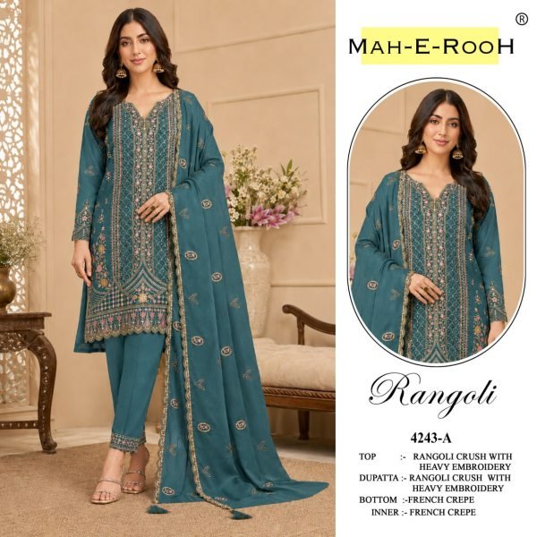 Portable Teal Blue Semi Stitched Rangoli Crush Salwar Suit with Elegant Embroidery Work Pakistani Suits Wholesale