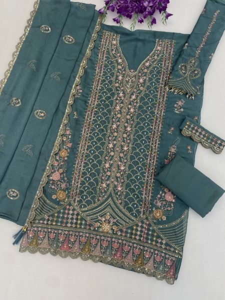 Portable Teal Blue Semi Stitched Rangoli Crush Salwar Suit with Elegant Embroidery Work Pakistani Suits Wholesale