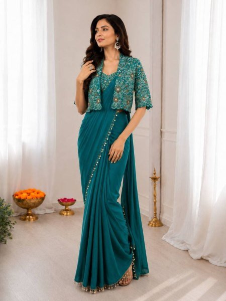 Portable Teal Green Party Wear Saree with Multi Thread Sequence Blouse for Women 