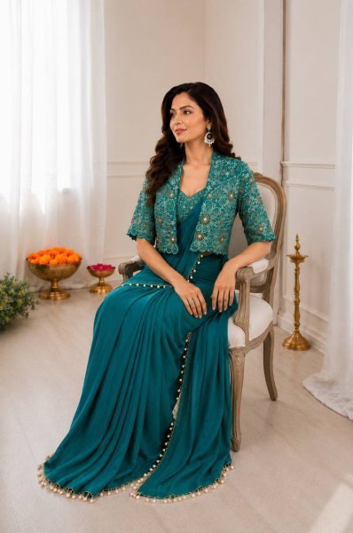 Portable Teal Green Party Wear Saree with Multi Thread Sequence Blouse for Women Ready To Wear Saree 