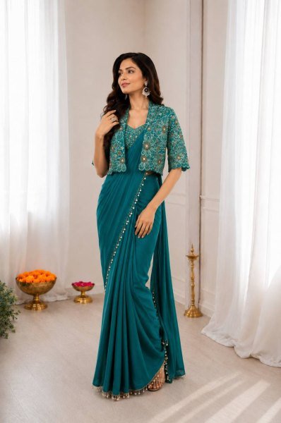 Portable Teal Green Party Wear Saree with Multi Thread Sequence Blouse for Women Ready To Wear Saree 
