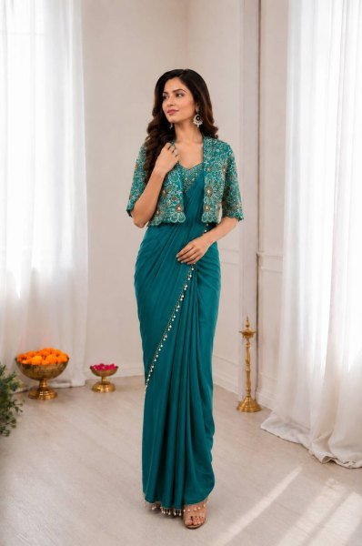 Portable Teal Green Party Wear Saree with Multi Thread Sequence Blouse for Women Ready To Wear Saree 