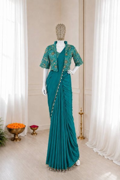 Portable Teal Green Party Wear Saree with Multi Thread Sequence Blouse for Women Ready To Wear Saree 