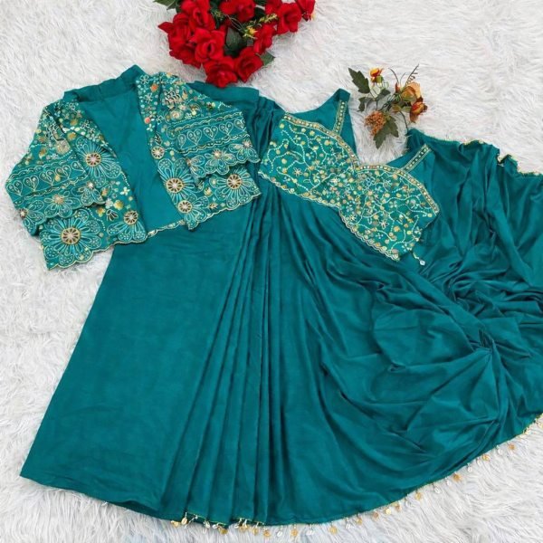 Portable Teal Green Party Wear Saree with Multi Thread Sequence Blouse for Women Ready To Wear Saree 