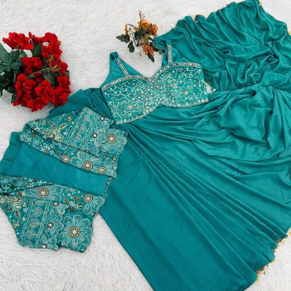 Portable Teal Green Party Wear Saree with Multi Thread Sequence Blouse for Women Ready To Wear Saree 