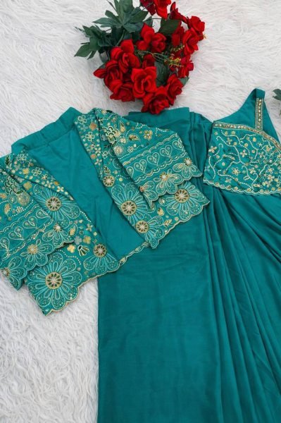 Portable Teal Green Party Wear Saree with Multi Thread Sequence Blouse for Women Ready To Wear Saree 