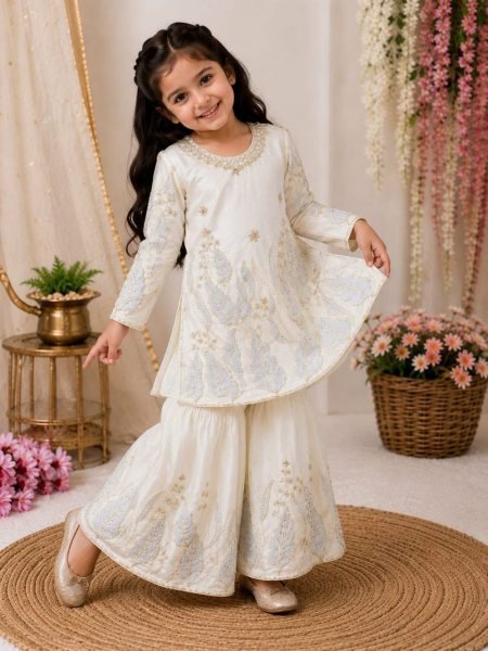 Portable White Girls Fendy Silk Top Palazzo Dupatta Set with Sequins Work at Wholesale Rate Girls Wear
