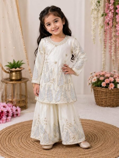 Portable White Girls Fendy Silk Top Palazzo Dupatta Set with Sequins Work at Wholesale Rate Girls Wear