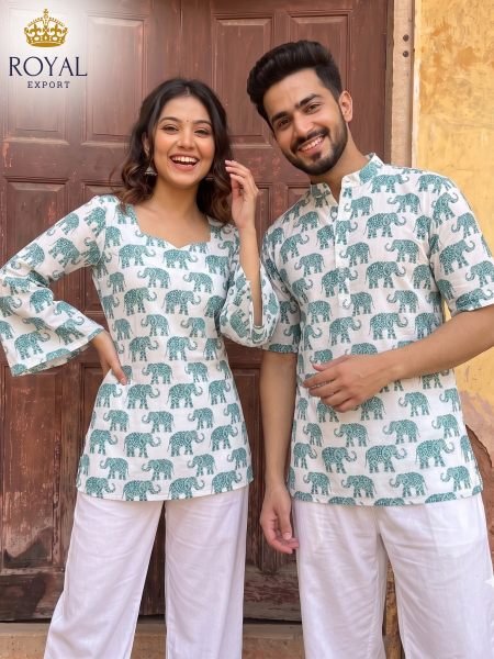 Portable White Premium Cotton Matching Couple Dress Combo for Diwali