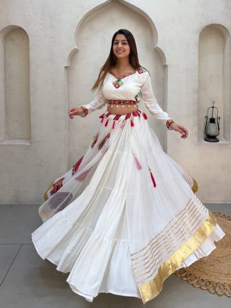 Portable White Rayon Lehenga Choli with Real Mirror Work Blouse and Organza Kali 