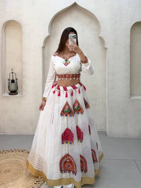 Portable White Rayon Lehenga Choli with Real Mirror Work Blouse and Organza Kali Navratri Lehnega Choli