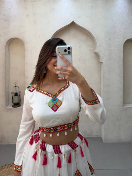 Portable White Rayon Lehenga Choli with Real Mirror Work Blouse and Organza Kali Navratri Lehnega Choli