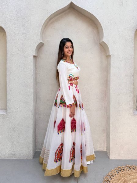 Portable White Rayon Lehenga Choli with Real Mirror Work Blouse and Organza Kali Navratri Lehnega Choli