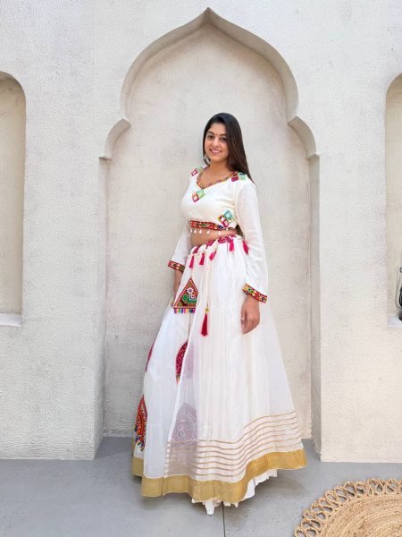Portable White Rayon Lehenga Choli with Real Mirror Work Blouse and Organza Kali Navratri Lehnega Choli