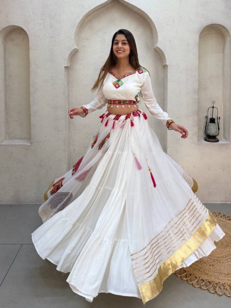 Portable White Rayon Lehenga Choli with Real Mirror Work Blouse and Organza Kali Navratri Lehnega Choli