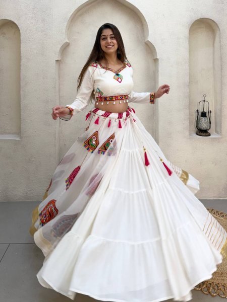 Portable White Rayon Lehenga Choli with Real Mirror Work Blouse and Organza Kali Navratri Lehnega Choli