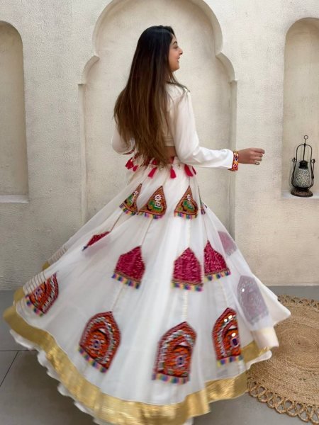 Portable White Rayon Lehenga Choli with Real Mirror Work Blouse and Organza Kali Navratri Lehnega Choli