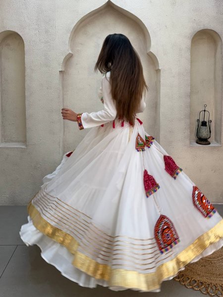Portable White Rayon Lehenga Choli with Real Mirror Work Blouse and Organza Kali Navratri Lehnega Choli