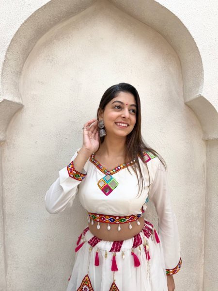 Portable White Rayon Lehenga Choli with Real Mirror Work Blouse and Organza Kali Navratri Lehnega Choli
