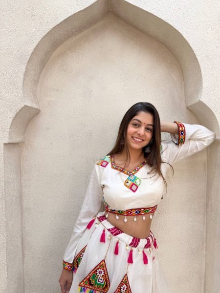 Portable White Rayon Lehenga Choli with Real Mirror Work Blouse and Organza Kali Navratri Lehnega Choli