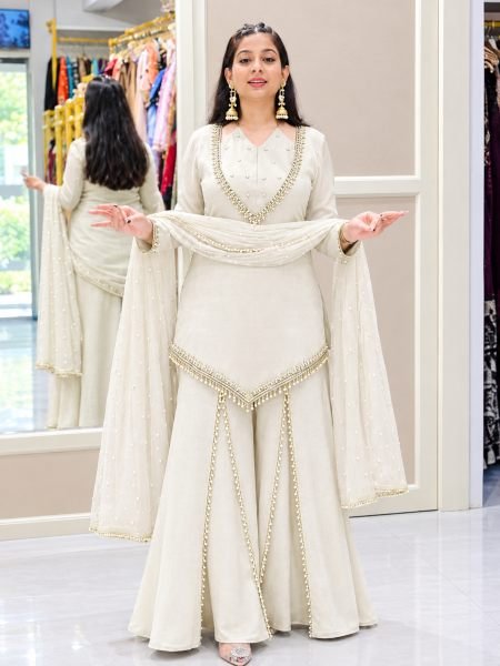 Portable White Roman Glass Fully Stitched Top Plazzo Dupatta Set at Wholesale Rate Ready To Wear Suit