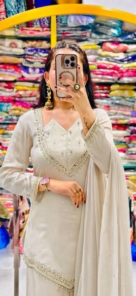Portable White Roman Glass Fully Stitched Top Plazzo Dupatta Set at Wholesale Rate Ready To Wear Collection