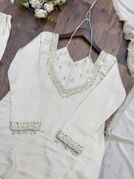 Portable White Roman Glass Fully Stitched Top Plazzo Dupatta Set at Wholesale Rate Ready To Wear Collection