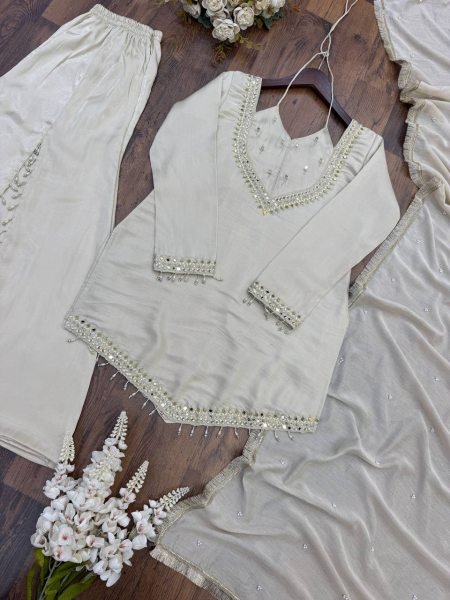 Portable White Roman Glass Fully Stitched Top Plazzo Dupatta Set at Wholesale Rate Ready To Wear Collection