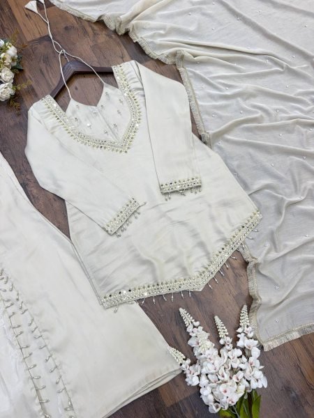 Portable White Roman Glass Fully Stitched Top Plazzo Dupatta Set at Wholesale Rate Ready To Wear Collection