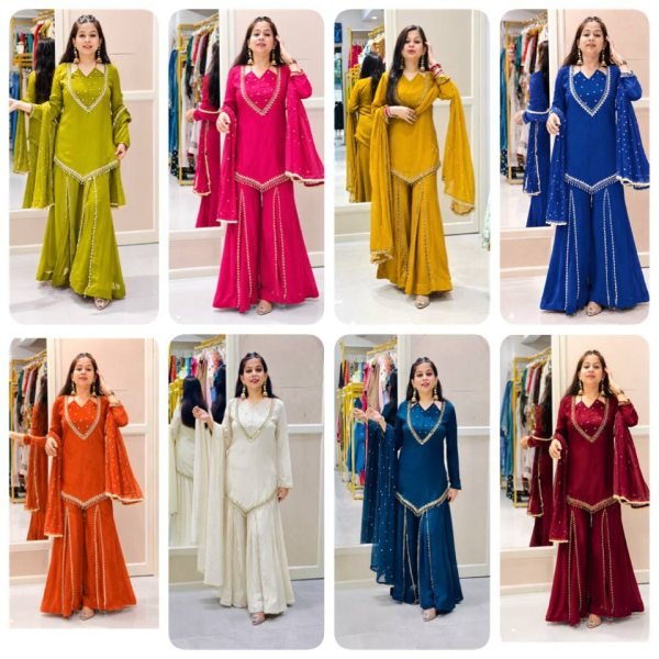 Portable White Roman Glass Fully Stitched Top Plazzo Dupatta Set at Wholesale Rate Ready To Wear Collection
