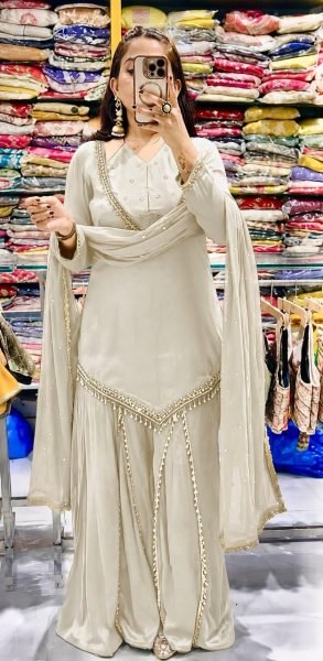 Portable White Roman Glass Fully Stitched Top Plazzo Dupatta Set at Wholesale Rate Ready To Wear Collection