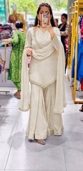Portable White Roman Glass Fully Stitched Top Plazzo Dupatta Set at Wholesale Rate Ready To Wear Collection